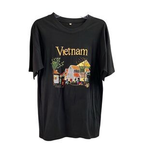 Vietnam Village Embroidered Black T-shirt Size Small Colorful Artsy